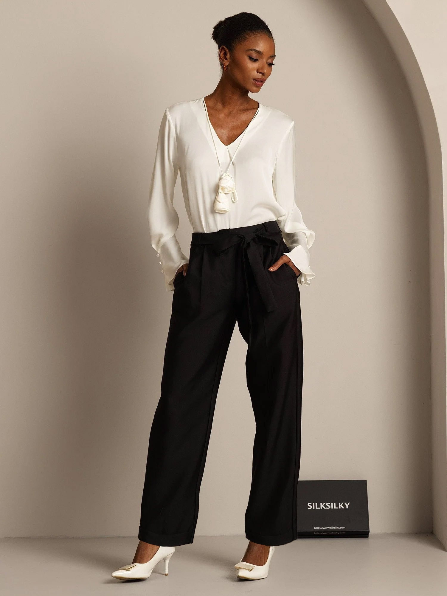 [Black] SilkSilky-UK 32Momme Silk-Wool Blend Womens Pants 007,