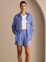 [Blue Pinstripe] SilkSilky-UK Long Sleeve Lapel Collar Women's Outfit Sets 004