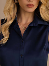 [Dark Blue] SilkSilky-UK Sleeveless Lapel Collar Women's Shirt 004