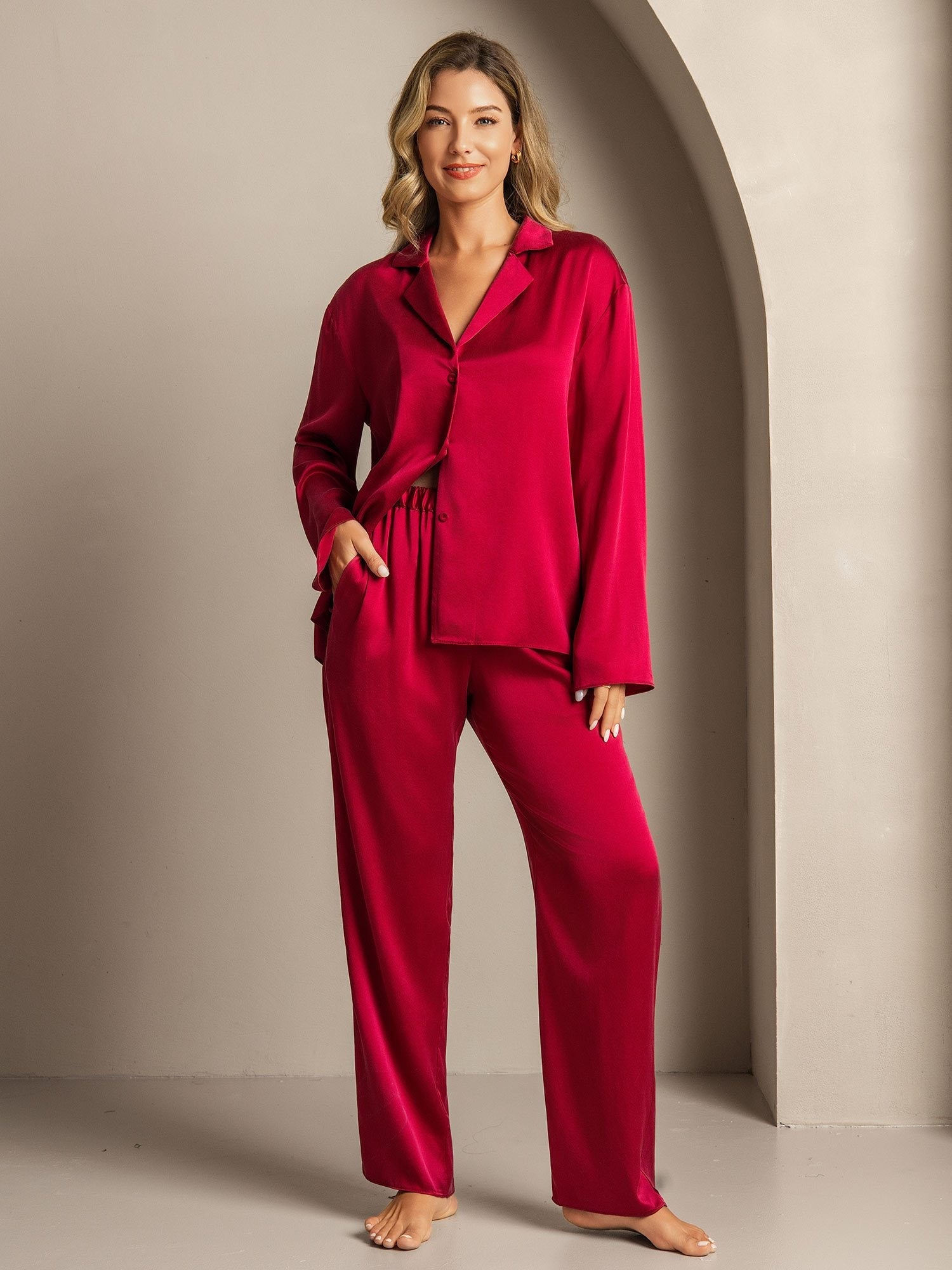 [Wine] SilkSilky-UK 19Momme Machine-Washable Silk Notched Neck Women's Pyjamas 005