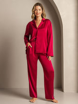 [Wine] SilkSilky-UK 19Momme Machine-Washable Silk Long Sleeve Notch Collar Women's Pyjamas 005