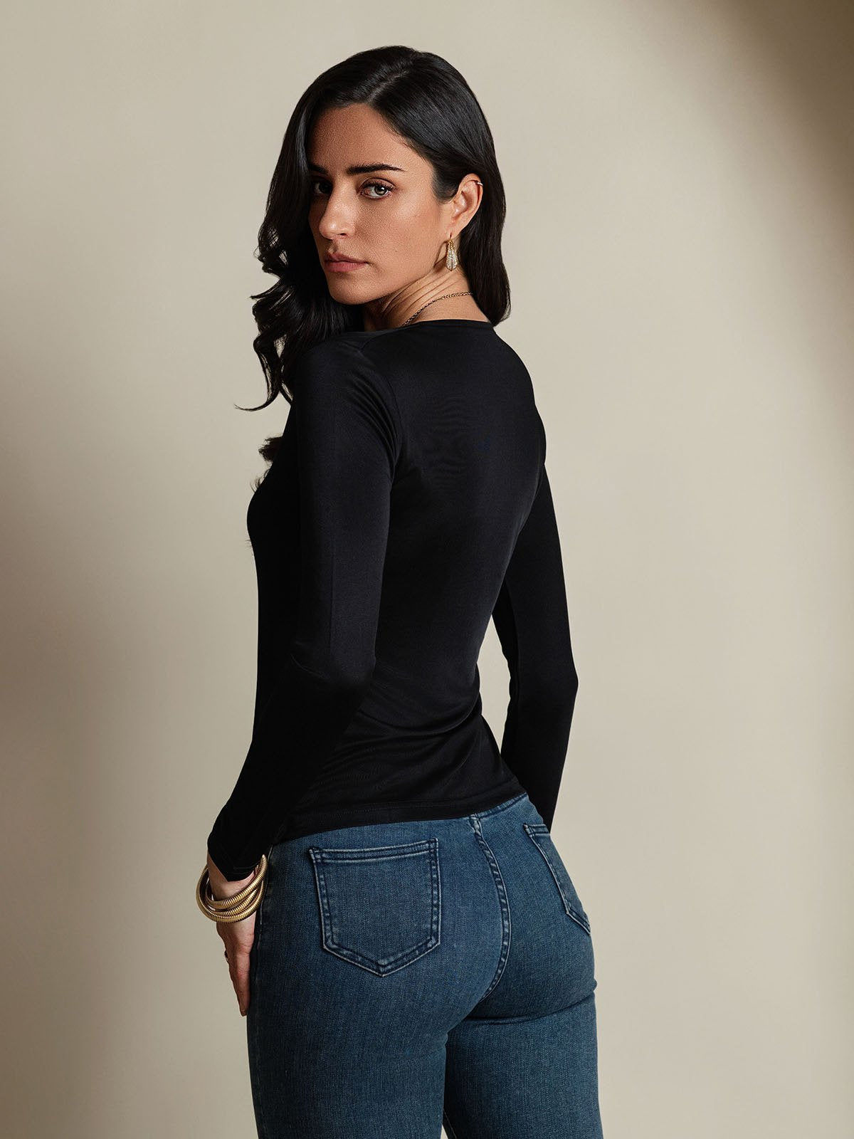 [Black] SilkSilky-UK Silk Long Sleeve Round Neck Women's T-Shirt 002