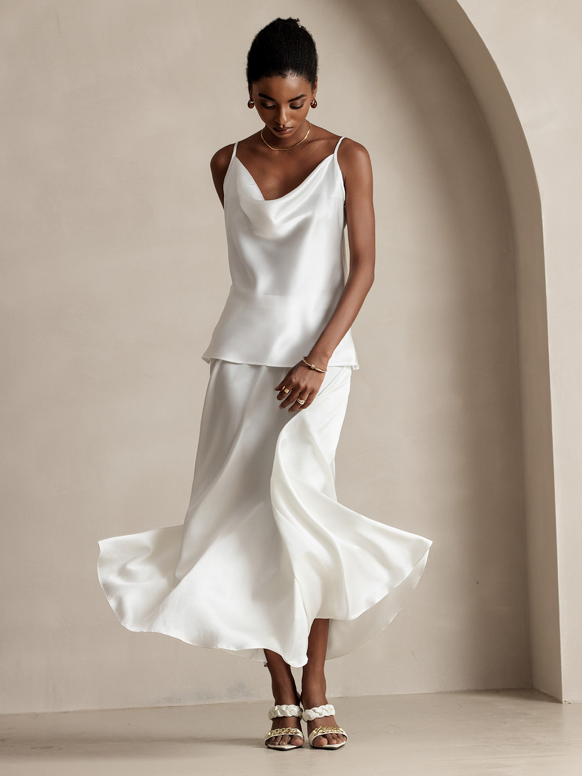 [White] SilkSilky-UK 19Momme Stretch Silk Charmeuse Skirt 007