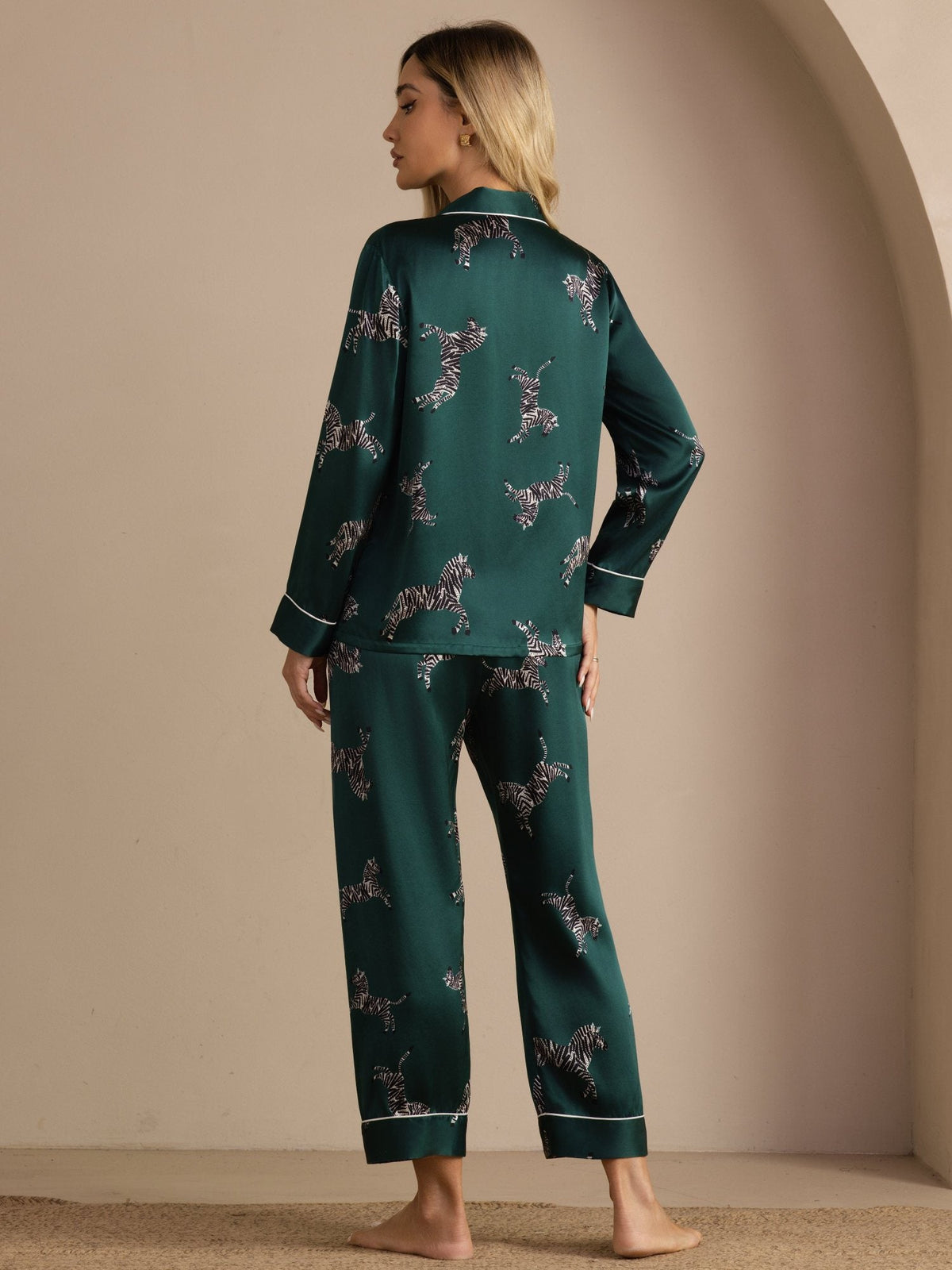 [Emerald Zebra] SilkSilky-UK Long Sleeve Lapel Collar Women's Pyjamas 002