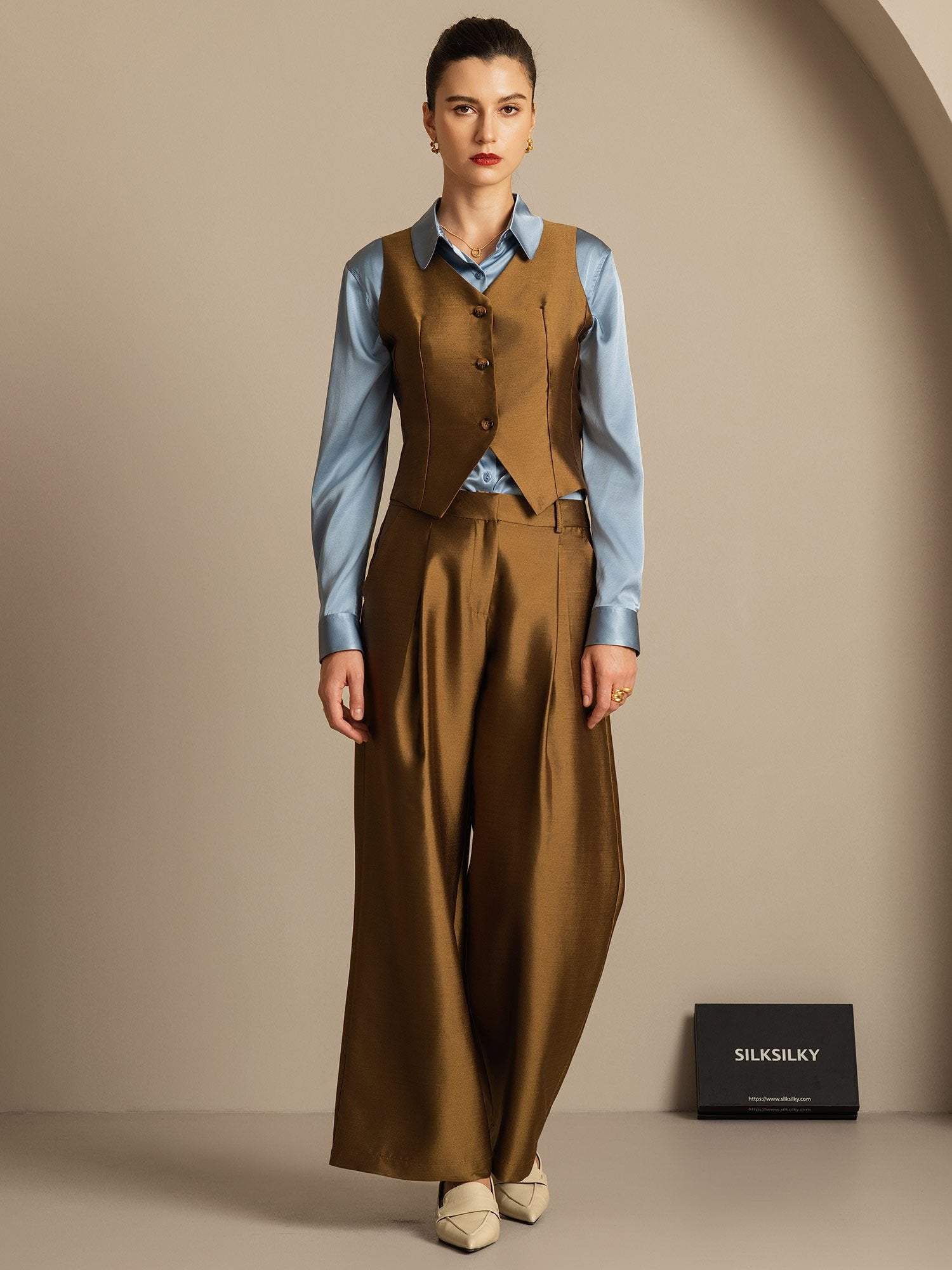 [Bronze] SilkSilky-UK 32Momme Silk-Wool Blend V Neck Women's Vest 006