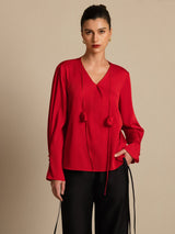 [Wine] SilkSilky-UK Long Sleeve V Neck Women's Blouse 001