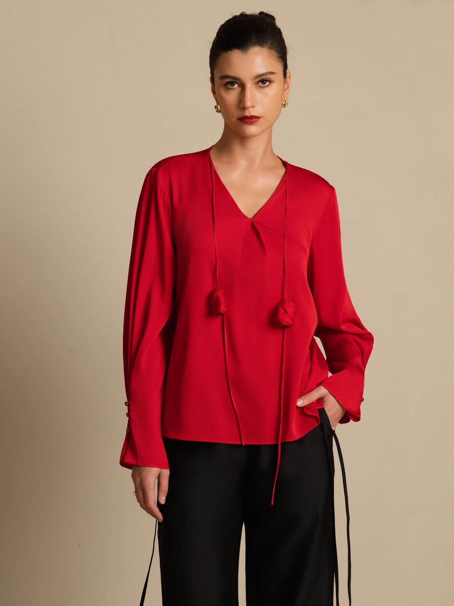 [Wine] SilkSilky-UK 19Momme Stretch Silk Double Georgette Long Sleeve V Neck Blouse 003