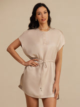 [Tan] SilkSilky-UK 18Momme Silk Satin Surah Cap Sleeve Henley Neck Dress 004