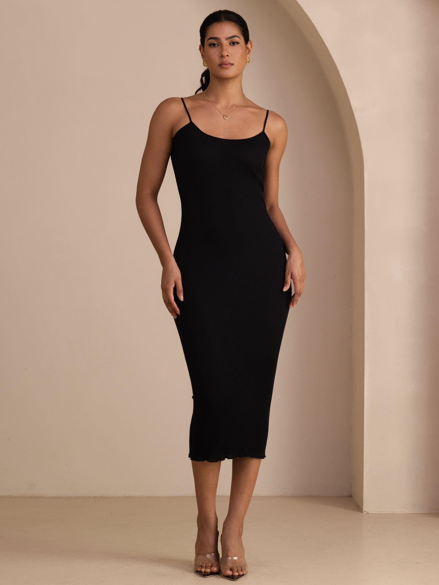 [Black] SilkSilky-UK Spaghetti Strap Boat Neck Dress 001