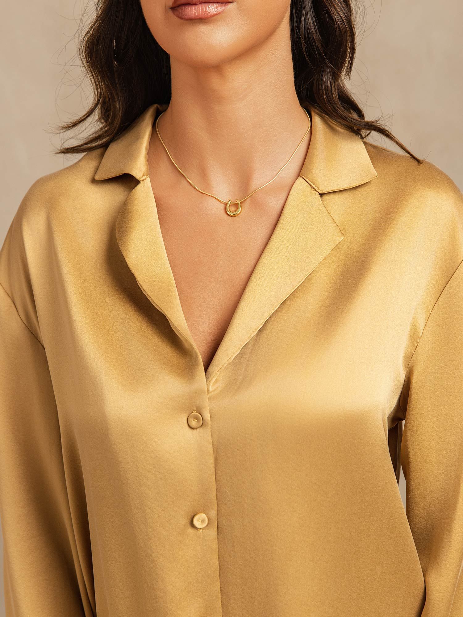 [Tan] SilkSilky-UK 19Momme Machine-Washable Silk Notched Neck Women's Pyjamas 004