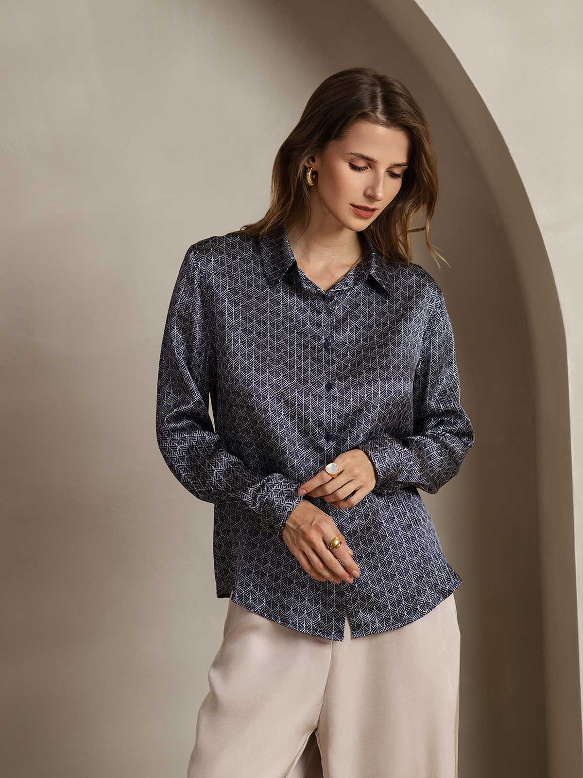 [Navy Ginkgo] SilkSilky-UK Silk Collar Women's Shirt 005
