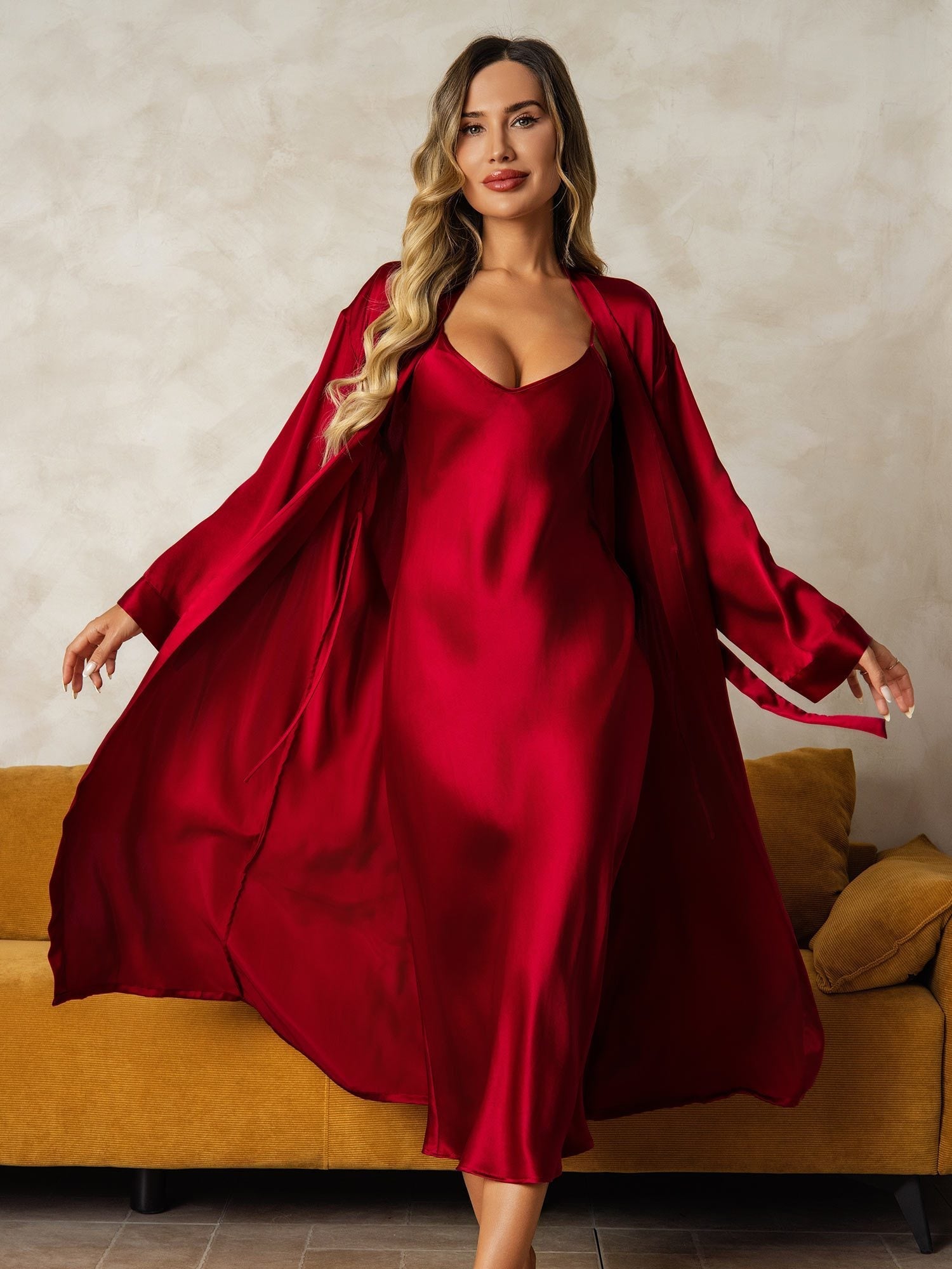 [Wine] SilkSilky-UK Long Sleeve V Neck Nightdress&Dressing gowns 004