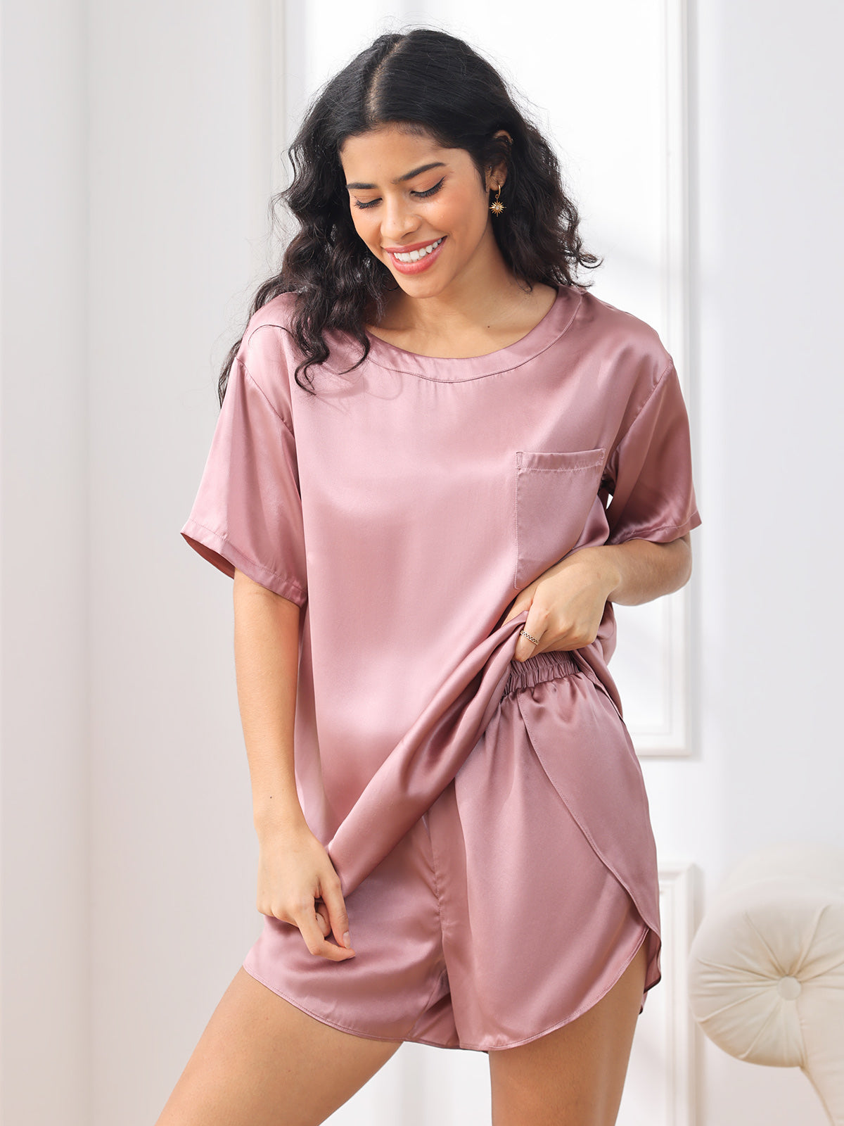 SilkSilky-UK Pure Silk Short Sleeve Round Neck Women's Pyjamas PaleMauve 004