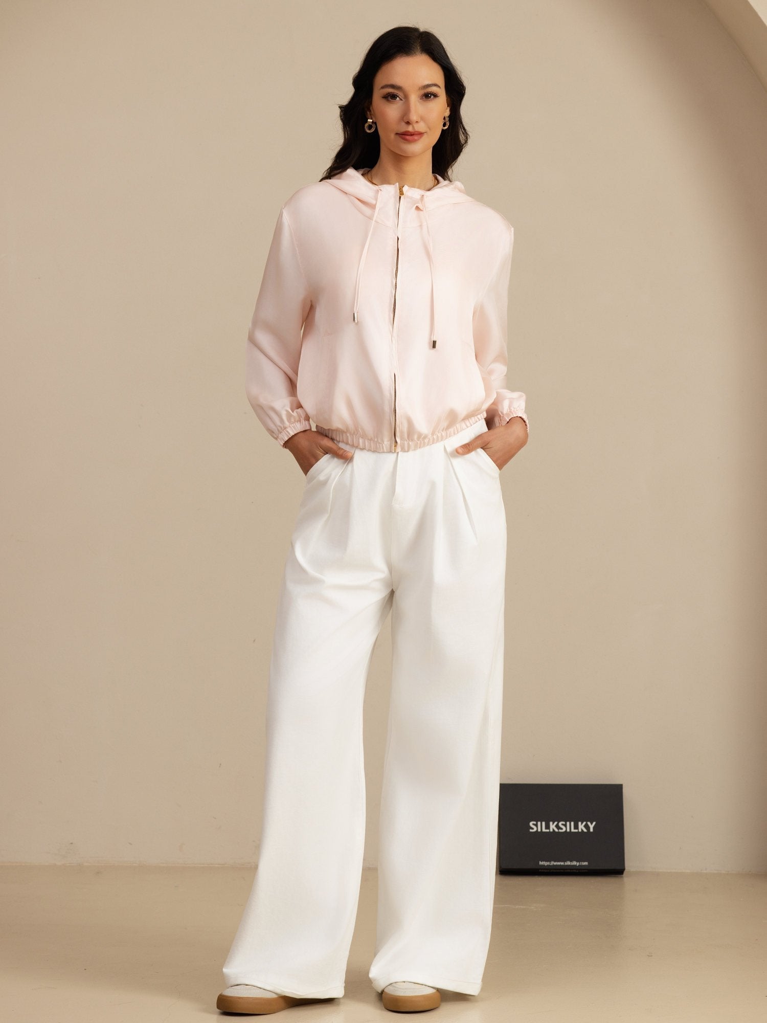[Pink] SilkSilky-UK 18Momme Silk Satin Surah Long Sleeve Stand Collar Women's Outerwear 006
