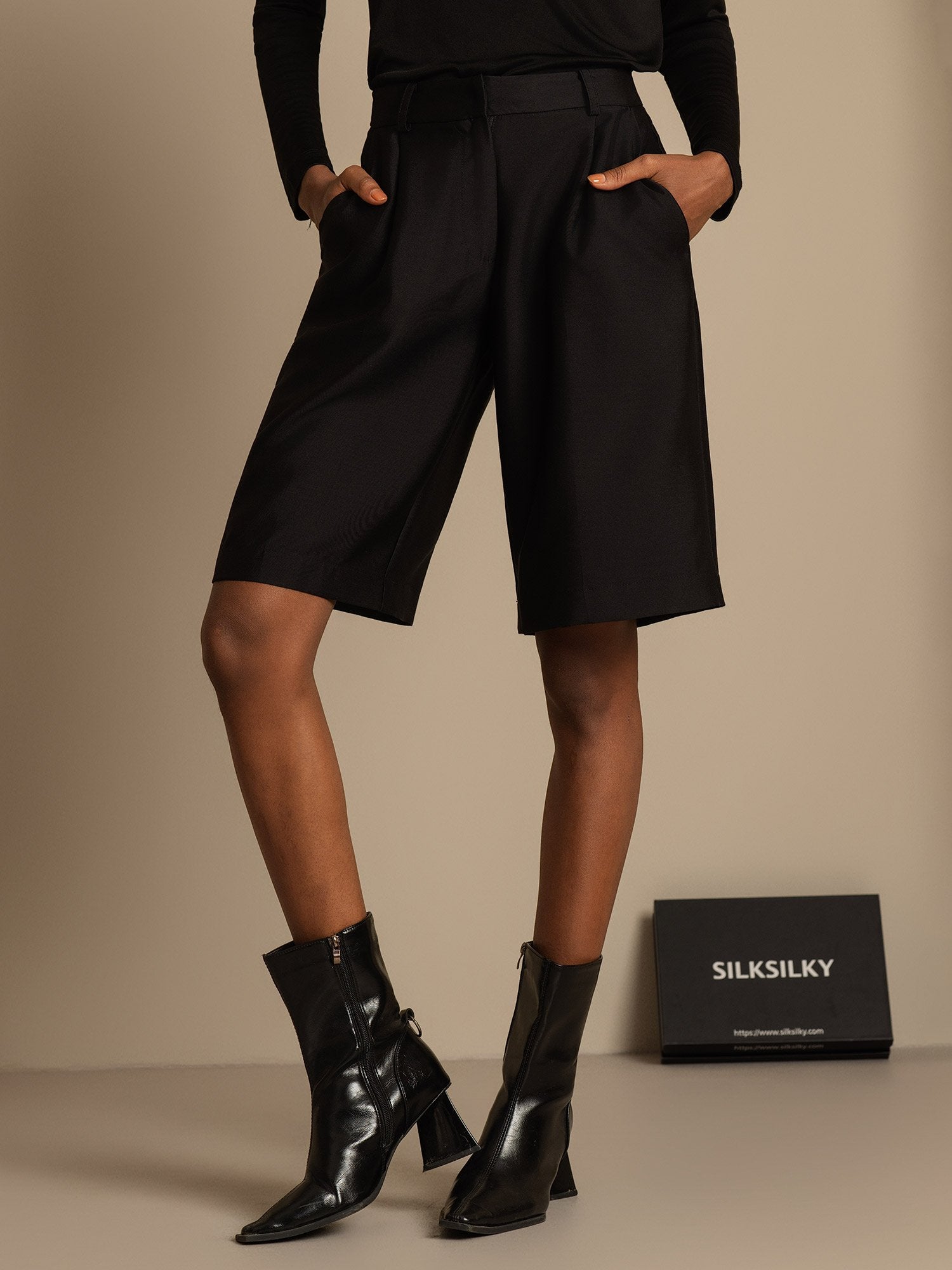 [Black] SilkSilky-UK 32Momme Silk-Wool Blend Womens Shorts 001,