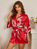 SilkSilky-UK 19Momme Pure Silk 3/4 Sleeve V Neck Women's Dressing Gown DarkRed 003