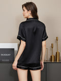 SilkSilky UK Pure Silk Short Sleeve Lapel Women's Pyjamas Black 003