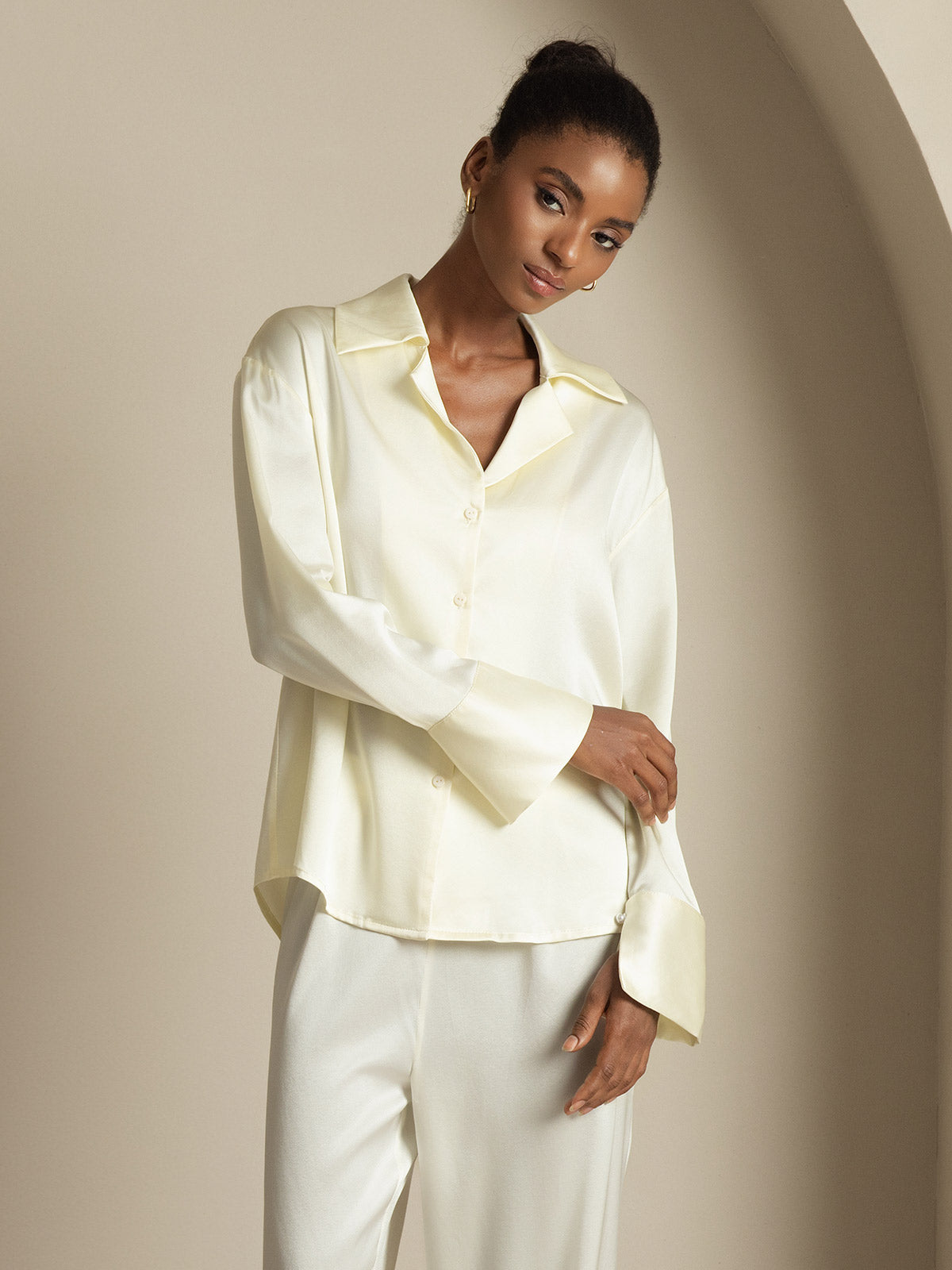 [Ivory] SilkSilky-UK 19Momme Silk Notch Collar Women's Shirt 006