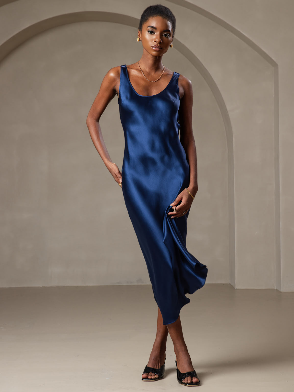 [Dark Blue] SilkSilky-UK Pure Silk Boat Neck Dress 005