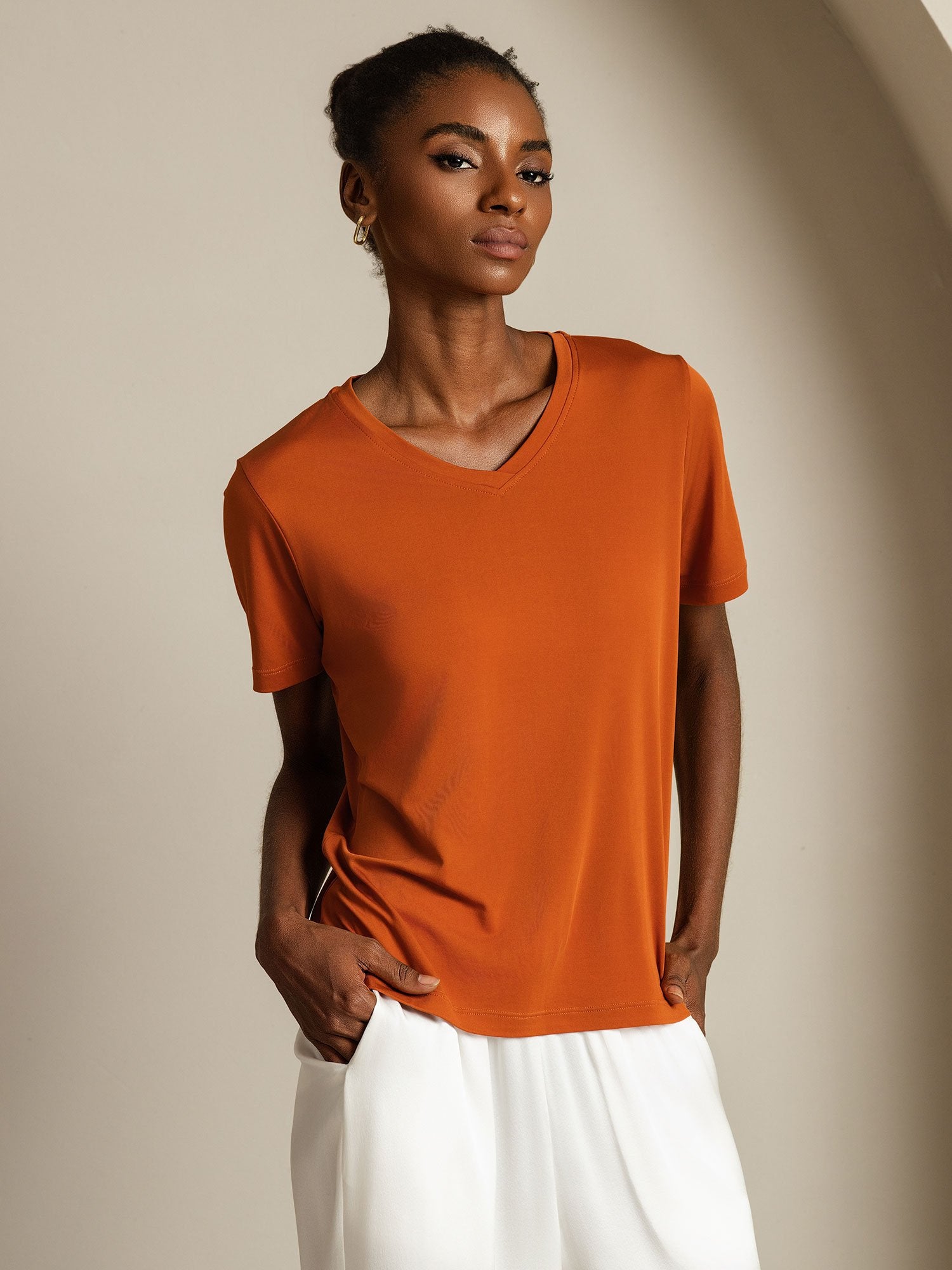[Orange] SilkSilky-UK Pure Silk V Neck Women's T-Shirt 006