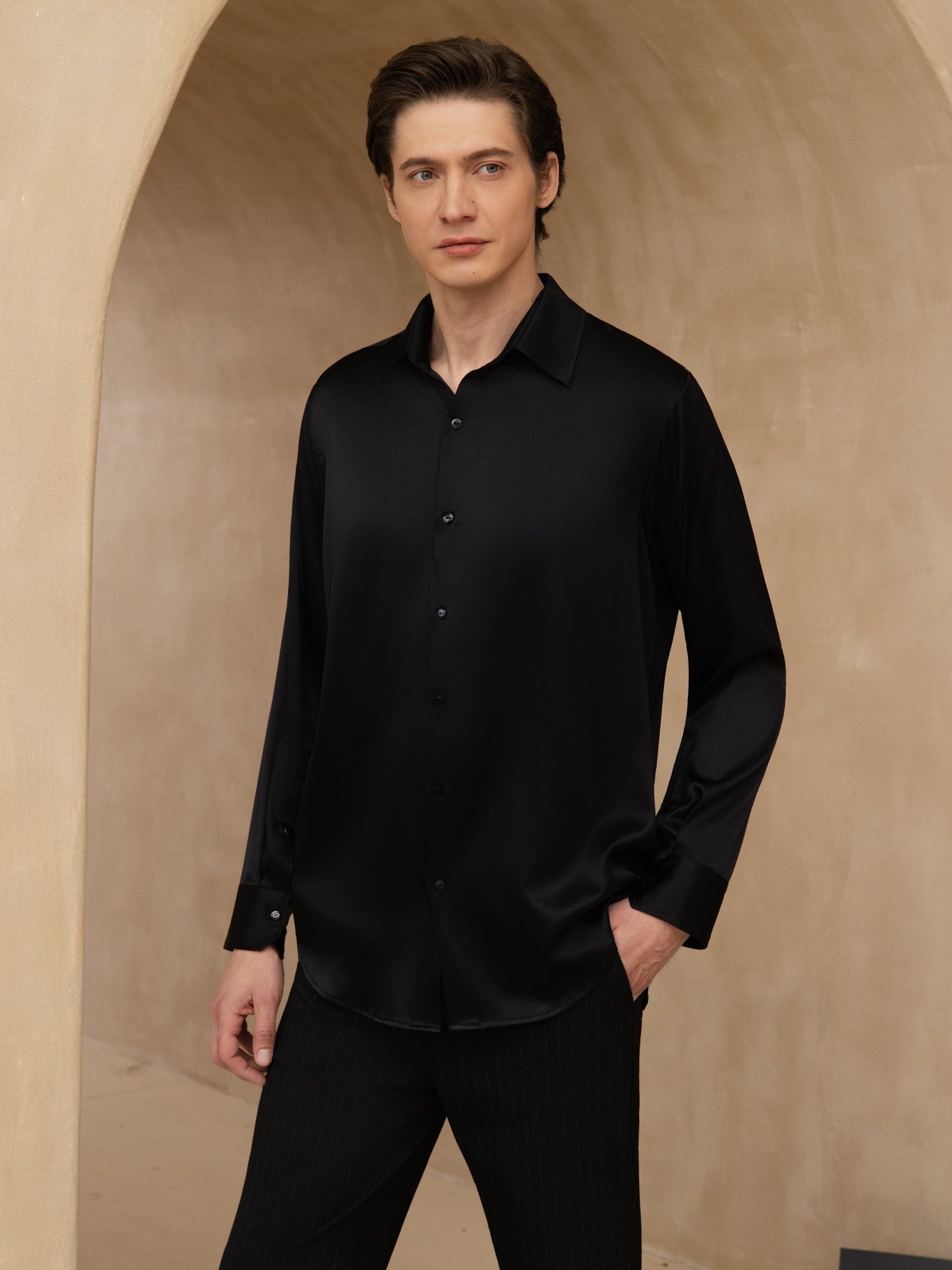 [Black] SilkSilky-UK 19Momme Stretch Silk Charmeuse Long Sleeve Lapel Collar Men's Shirt 001