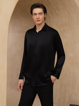 [Black] SilkSilky-UK 19Momme Stretch Silk Charmeuse Long Sleeve Lapel Collar Men's Shirt 001
