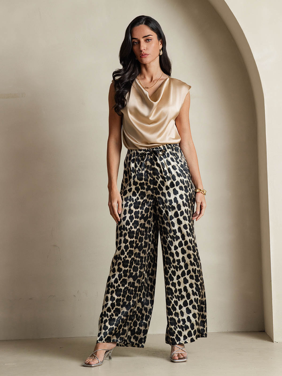 [Champagne] SilkSilky-UK 19Momme Silk Cap Sleeve Cowl Neck Women's T-Shirt 008