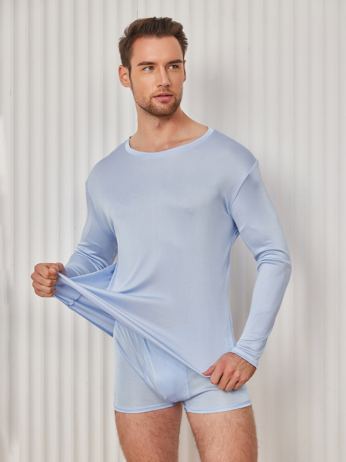 [Light Blue] SilkSilky-UK 100% Silk Jersey Long Sleeve Round Neck Men's T-Shirt 004