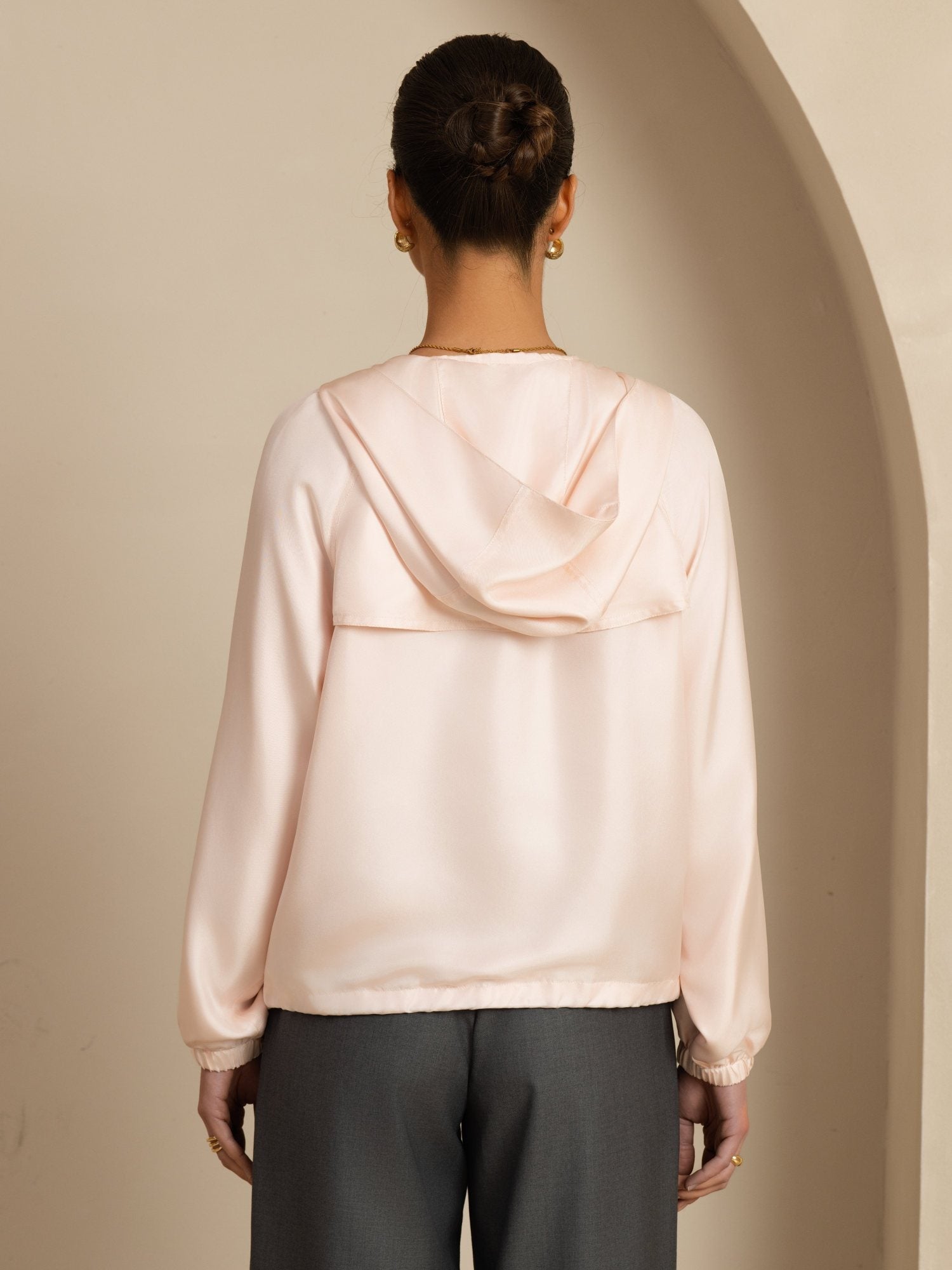 [Pink] SilkSilky-UK Silk Satin Surah Long Sleeve High Neck Women's Outerwear 002