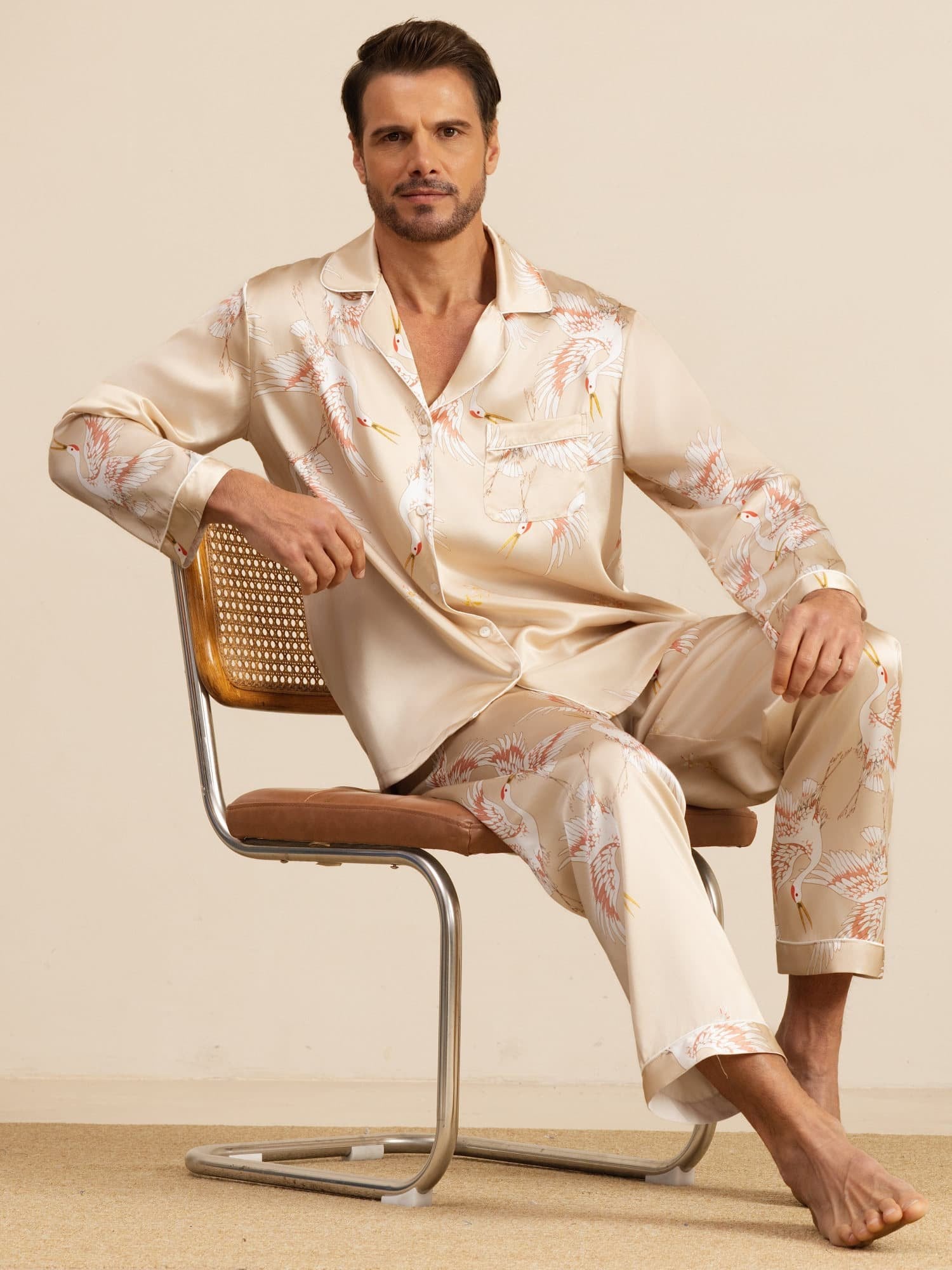 [Champagne] SilkSilky-UK 19Momme Long Sleeve Notch Collar Men's Pyjamas 001