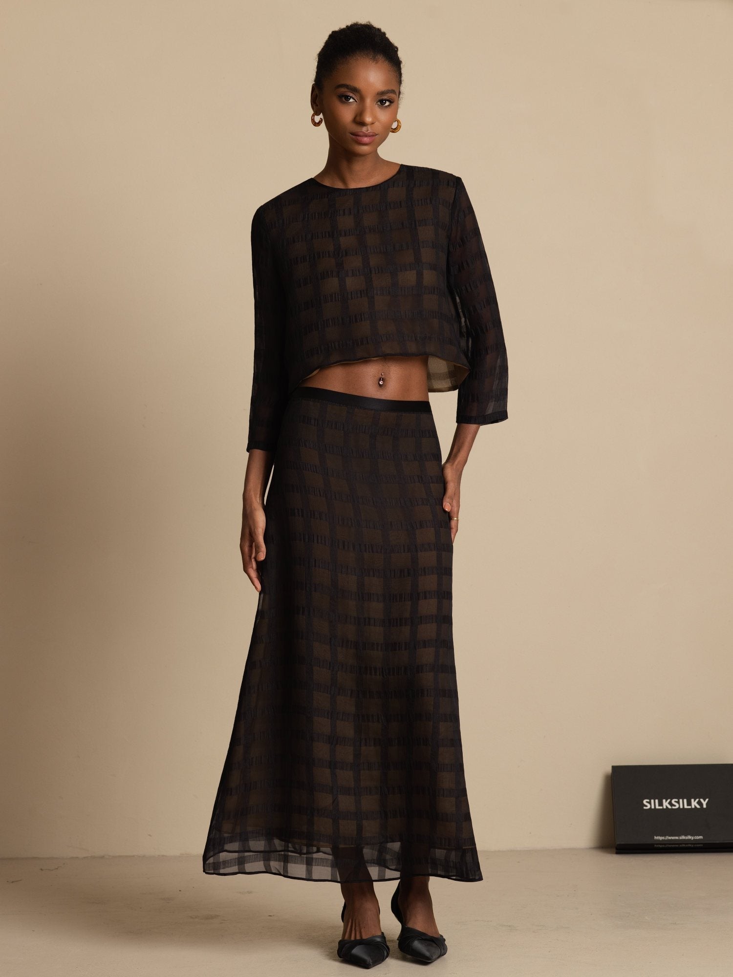 [Black] SilkSilky-UK Pure Silk Long Sleeve Round Neck Women''s Outfit Sets 001