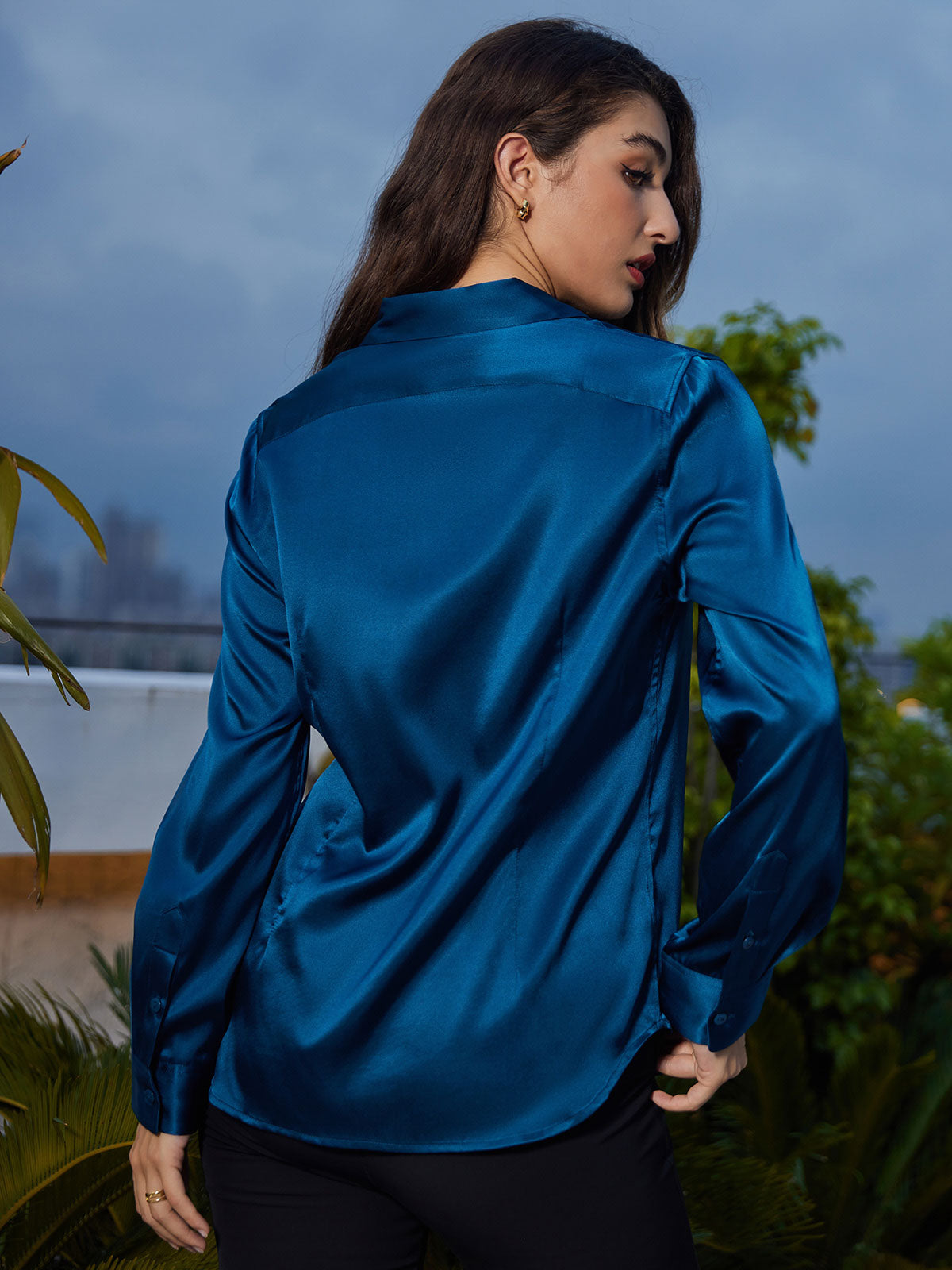 [Teal] SilkSilky-UK 19Momme Stretch Silk Charmeuse Long Sleeve Lapel Collar Women's Shirt 002