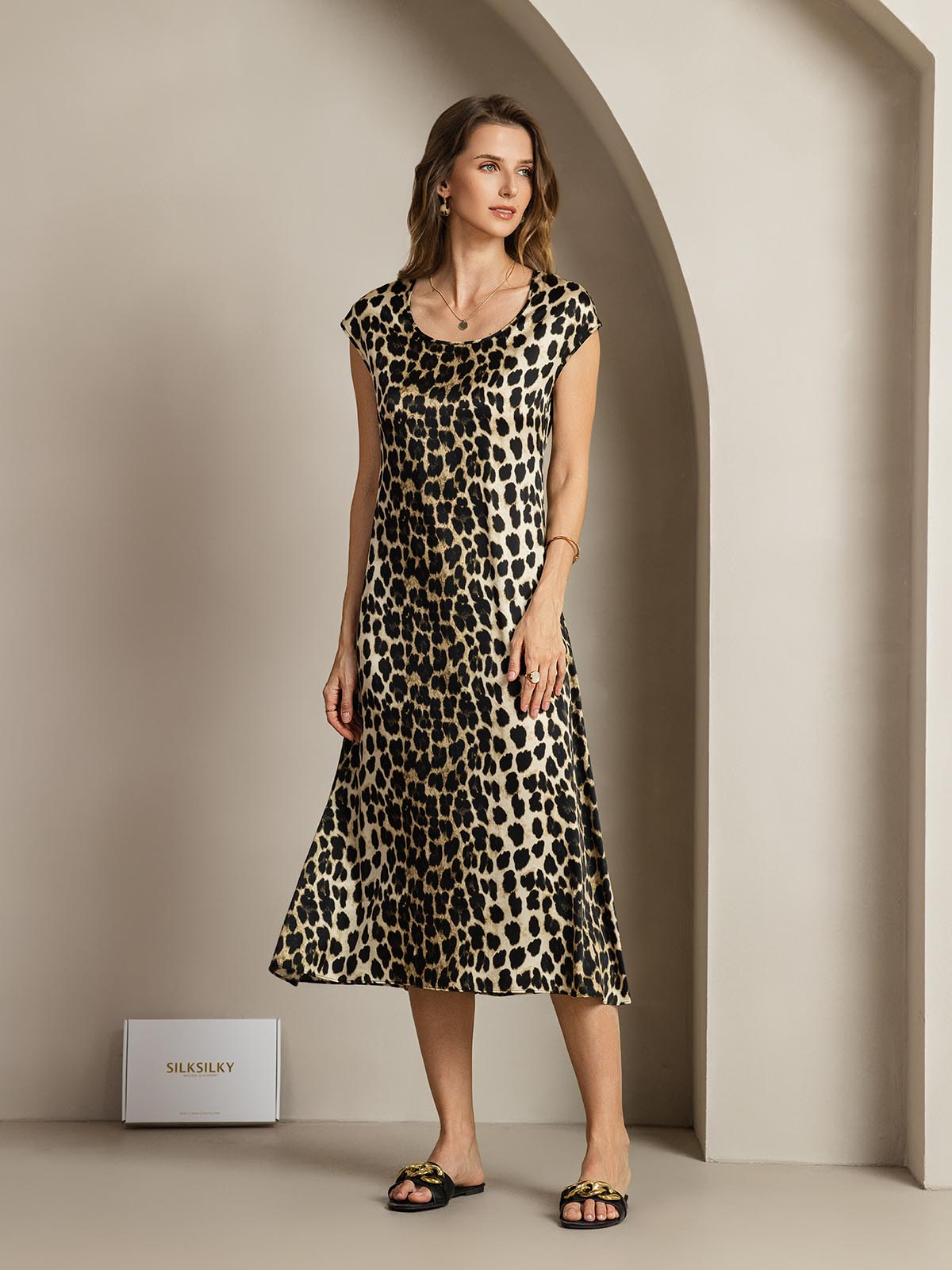 [Leopard] SilkSilky-UK 19Momme Silk Round Neck Dress 008,