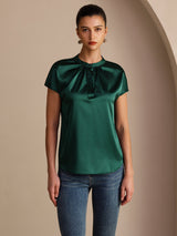 [Dark Green] SilkSilky-UK Short Sleeve Split Women's Blouse 001