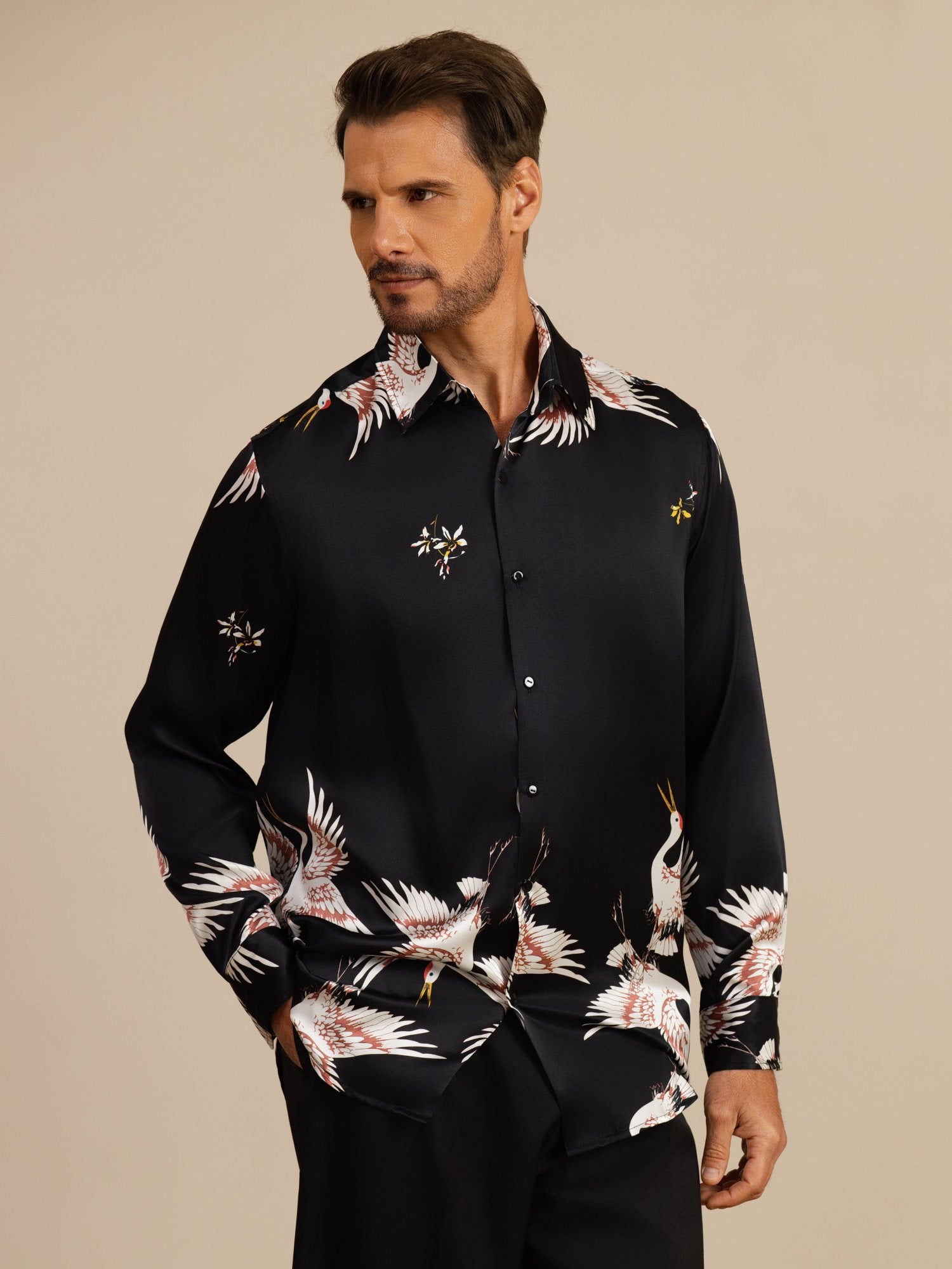 [Black] SilkSilky-UK 19Momme Long Sleeve Lapel Collar Men's Shirt 003