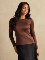 [Coffee] SilkSilky-UK Long Sleeve Crew Neck Women's T-Shirt 003