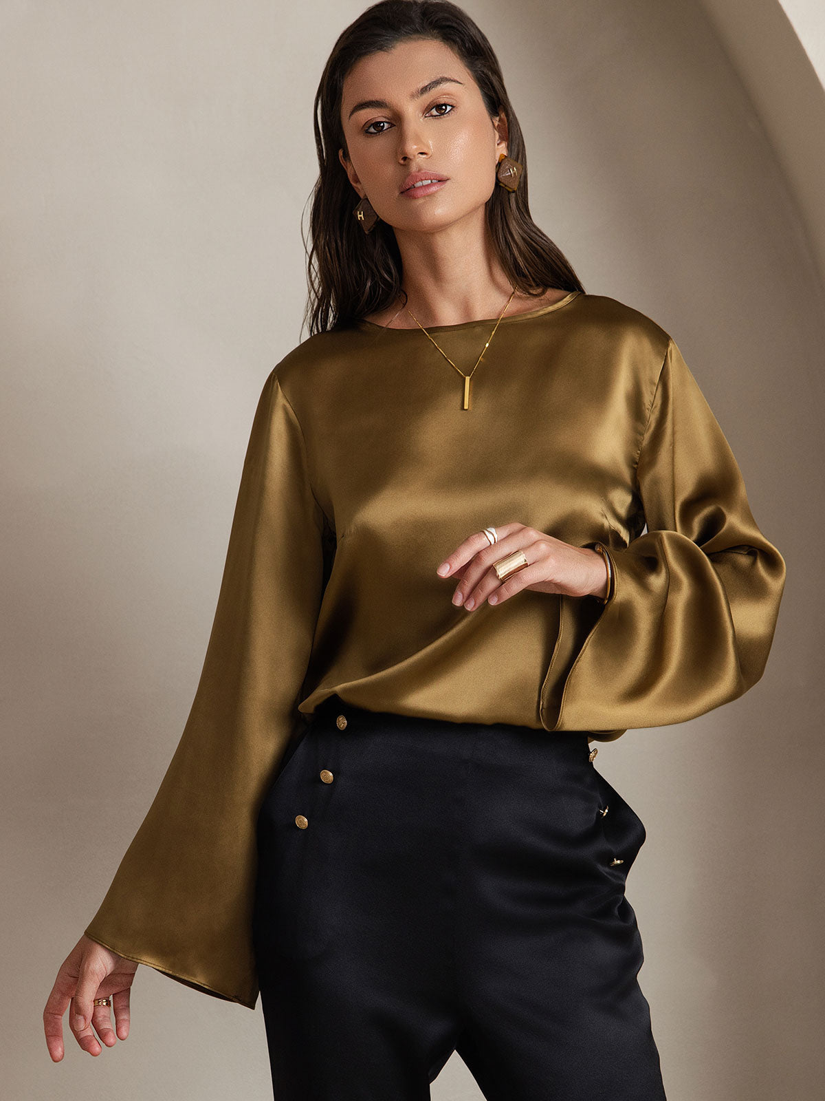 [Brown] SilkSilky-UK 19Momme Silk Bell Sleeve Round Neck Blouse 001