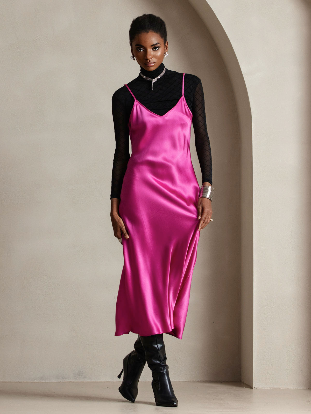 [Rose Red] SilkSilky-UK Spaghetti Strap V Neck Dress 006