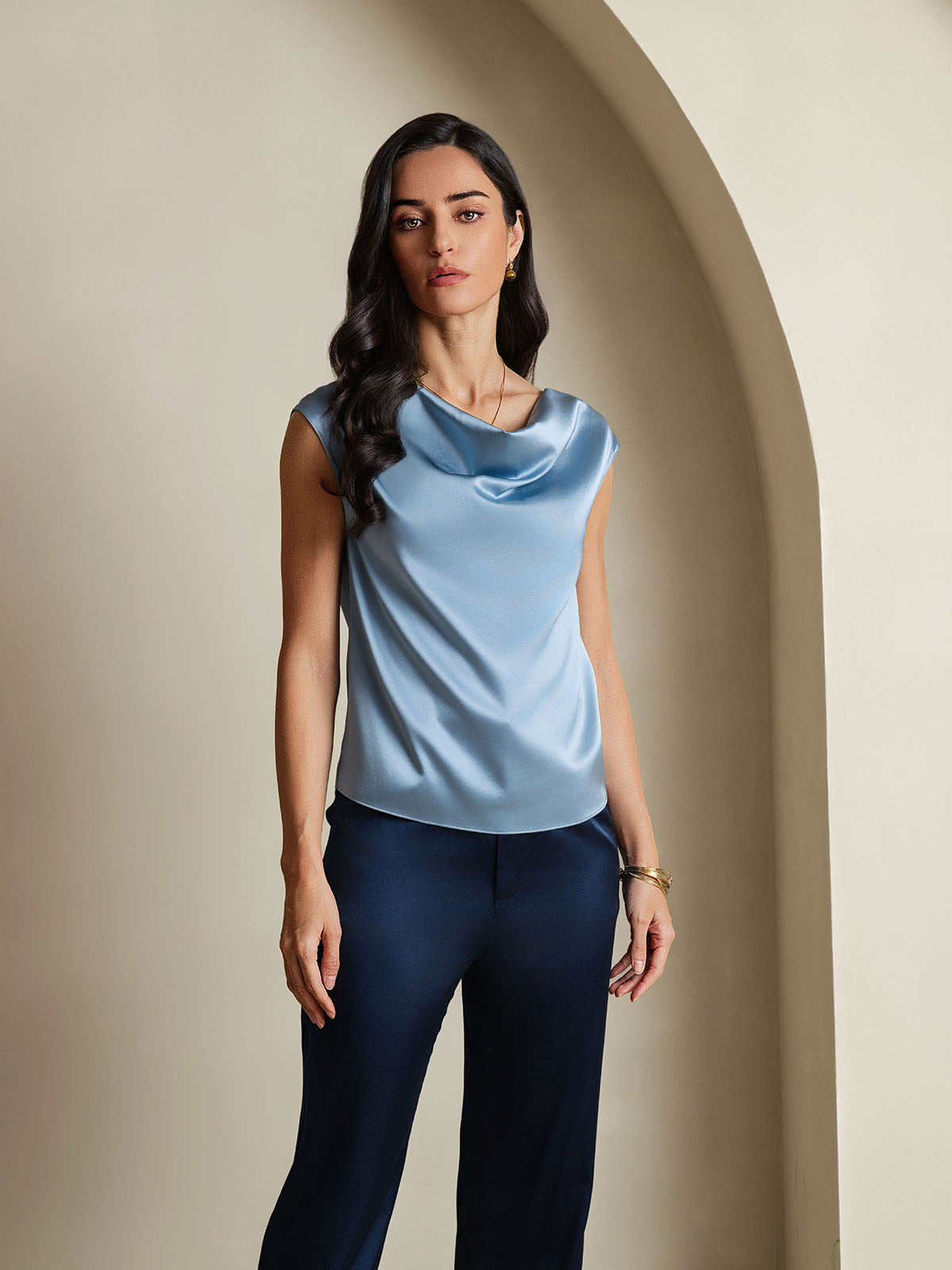 [Grayish Blue] SilkSilky-UK 19Momme Silk Cap Sleeve Cowl Neck Women's T-Shirt 001