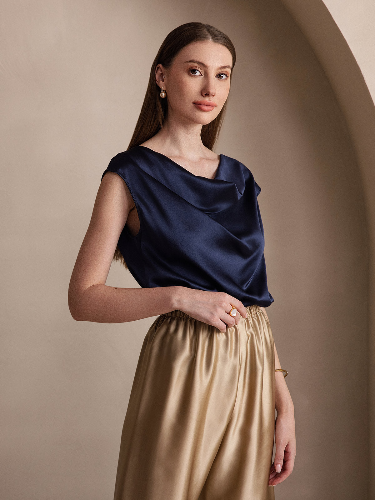 [Dark Blue] SilkSilky-UK 19Momme Silk Cap Sleeve Cowl Neck Women's T-Shirt 005