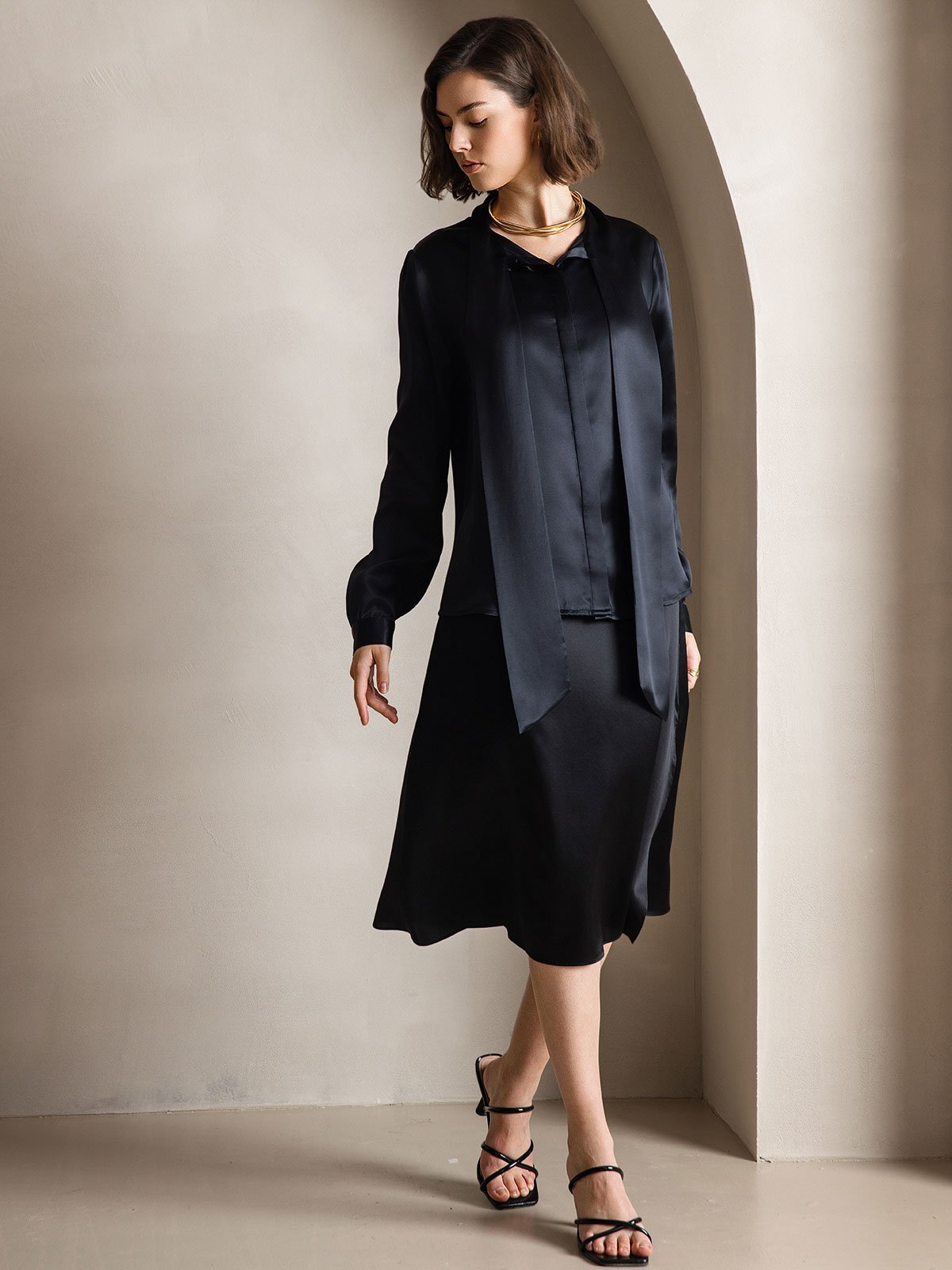 [Black] SilkSilky-UK 19Momme Silk Long Sleeve Tie Neck Women's Shirt 001