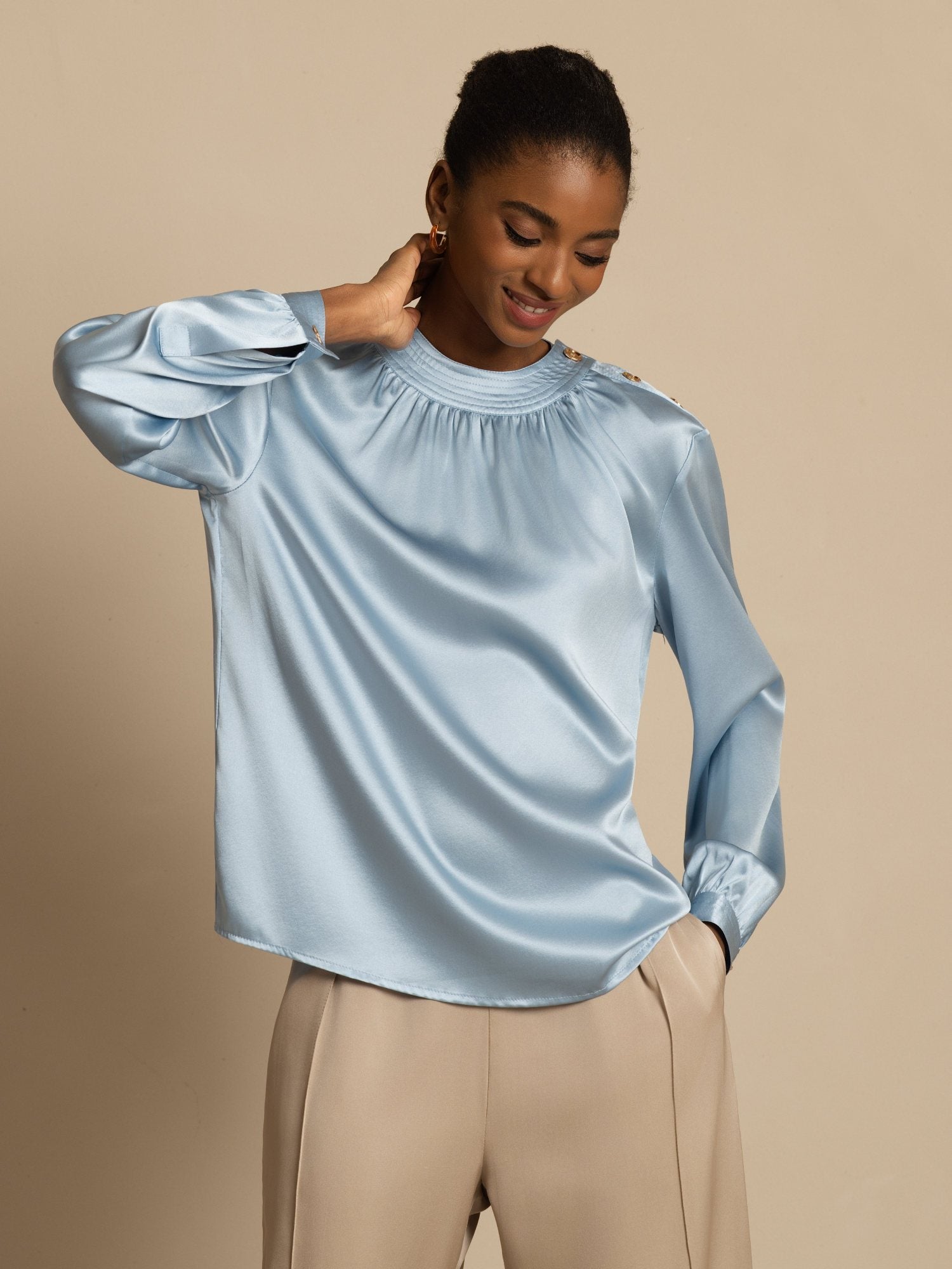 [GrayishBlue] SilkSilky-UK 19Momme Silk Long Sleeve Round Neck Blouse 001