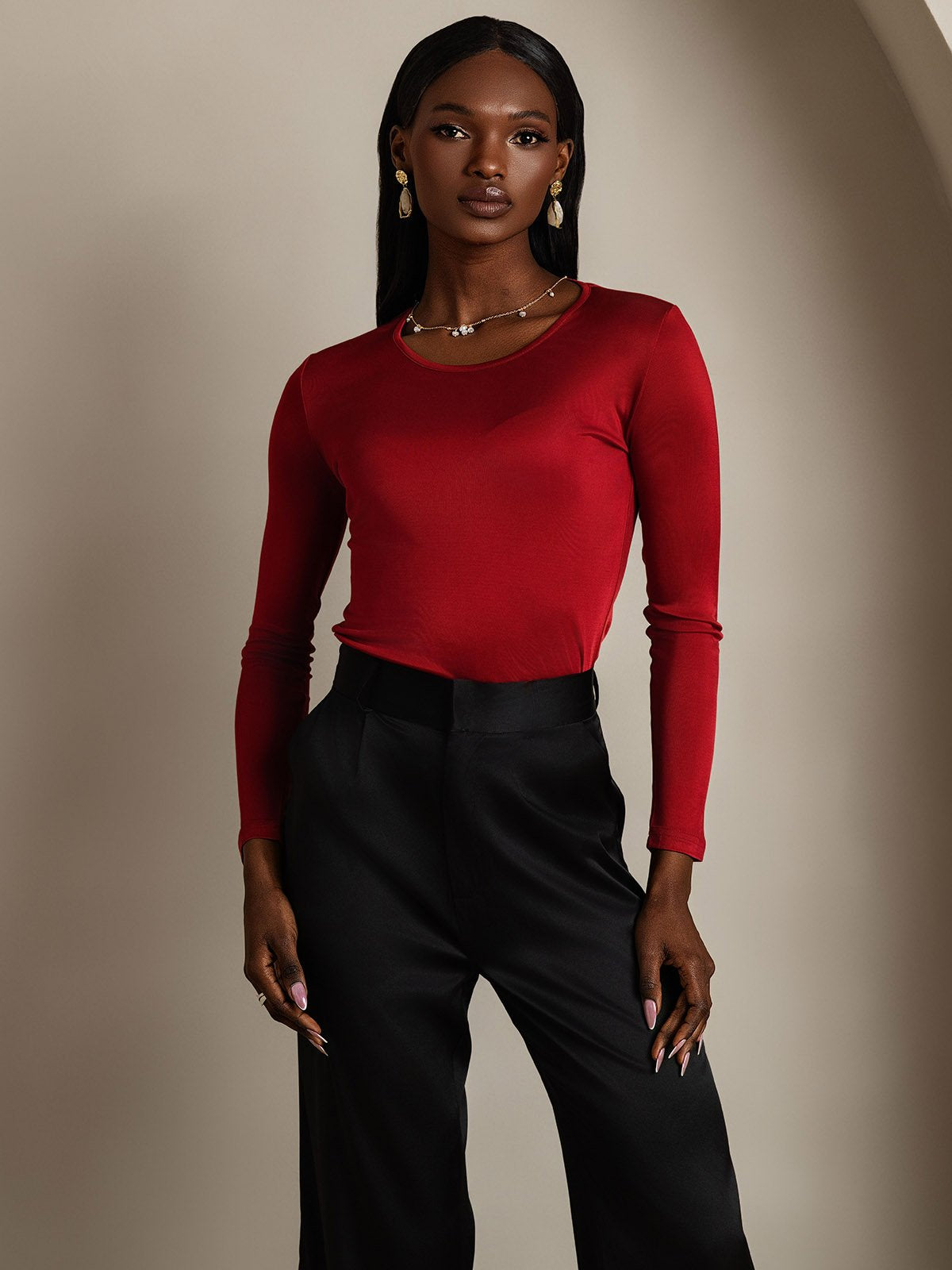 [Wine] SilkSilky-UK Silk Long Sleeve Round Neck Women's T-Shirt 003