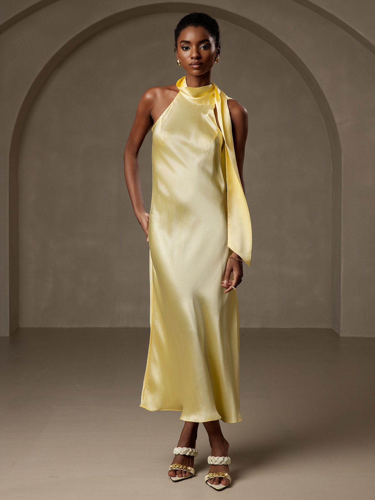 [Light Yellow] SilkSilky-UK 19Momme Silk Sleeveless Tie Neck Dress 008