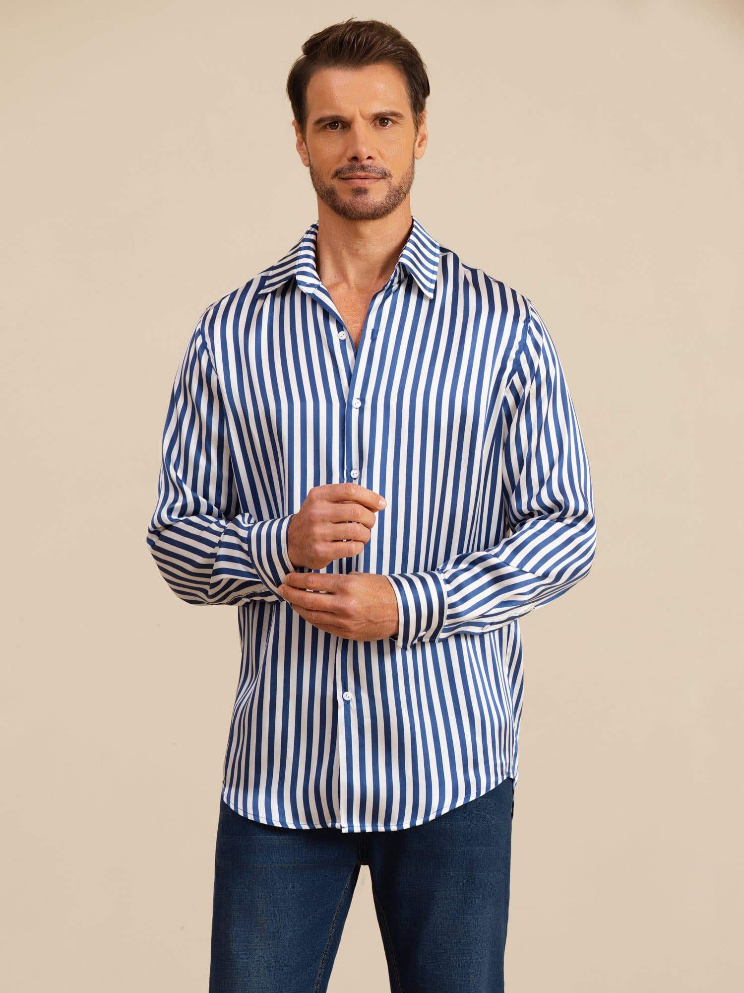 [Navy Stripe] SilkSilky-UK 19Momme Stretch Silk Charmeuse Long Sleeve Lapel Collar Men's Shirt 003