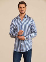 [Navy Stripe] SilkSilky-UK 19Momme Stretch Silk Charmeuse Long Sleeve Lapel Collar Men's Shirt 003