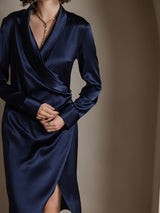 [Dark Blue] SilkSilky-UK 19Momme Long Sleeve V Neck Dress 006