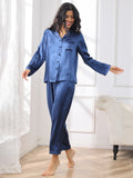 SilkSilky UK Pure Silk Long Sleeve Lapel Women's Pyjamas DarkBlue 004