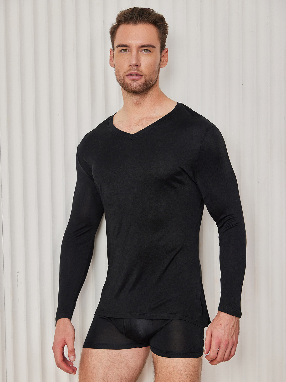 SilkSilky UK Silk Knitted Long Sleeve V Neck Men's T Shirt Black 004