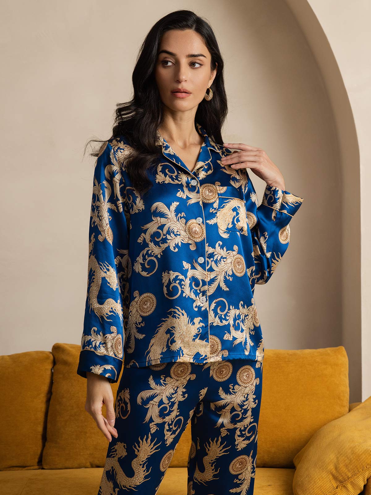 SilkSilky-UK Pure Silk Long Sleeve Lapel Women's Pyjamas Blue 003